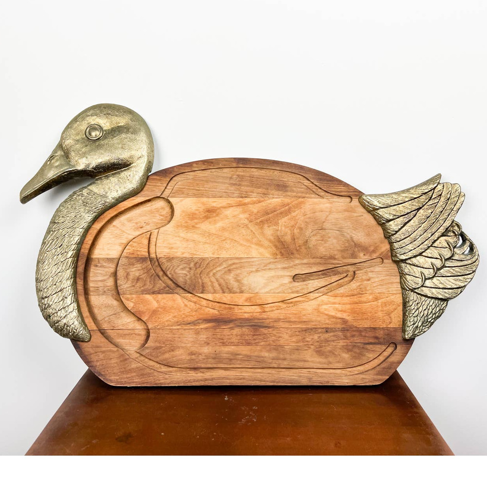 Vintage MCM Swan Wooden Cheese Serving Board Tray Brass Accents Shaped 25" x 16"